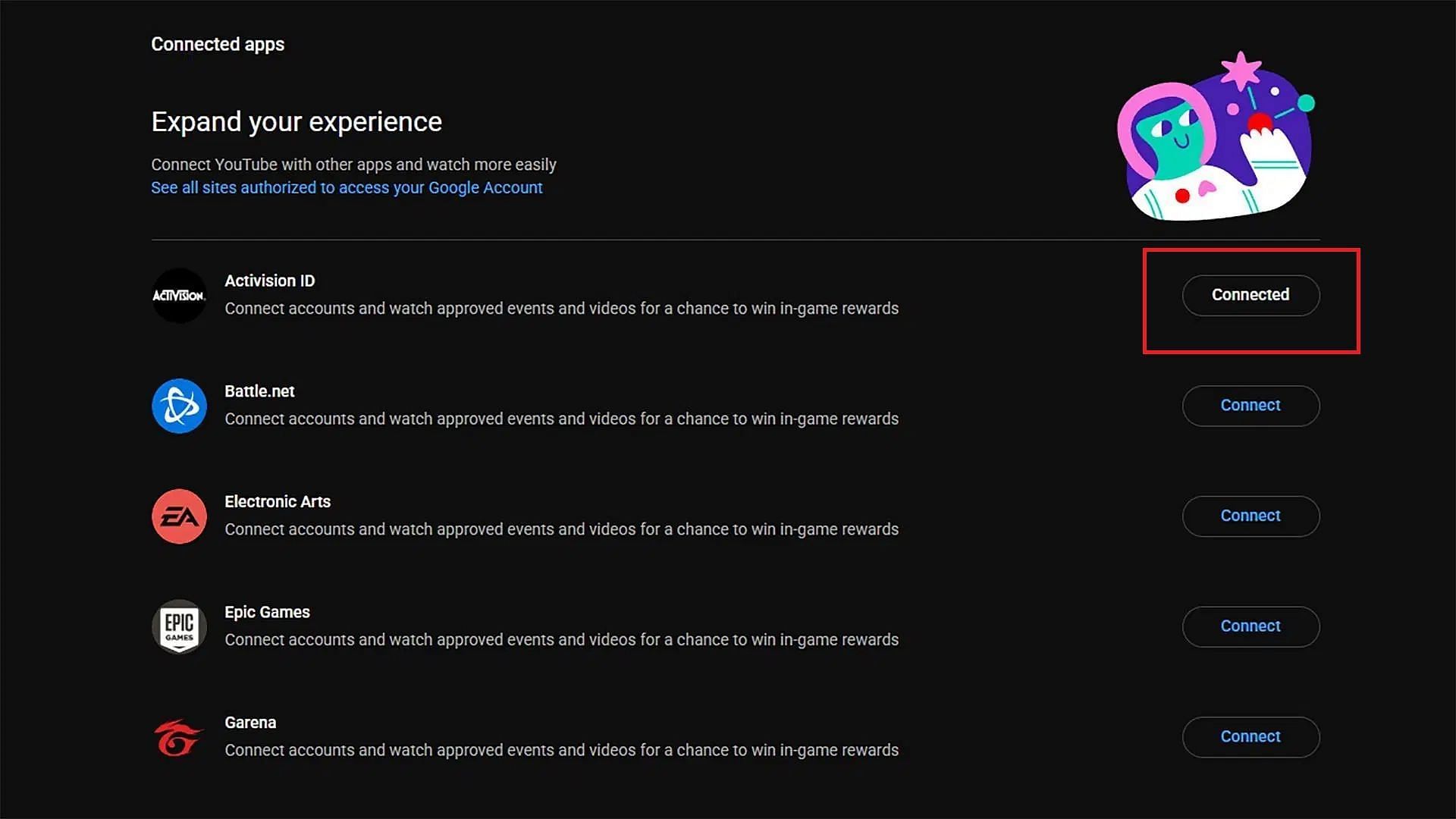 Linking Activision account with YouTube to claim CDL 2025 Major 4 viewership rewards (Image via YouTube)